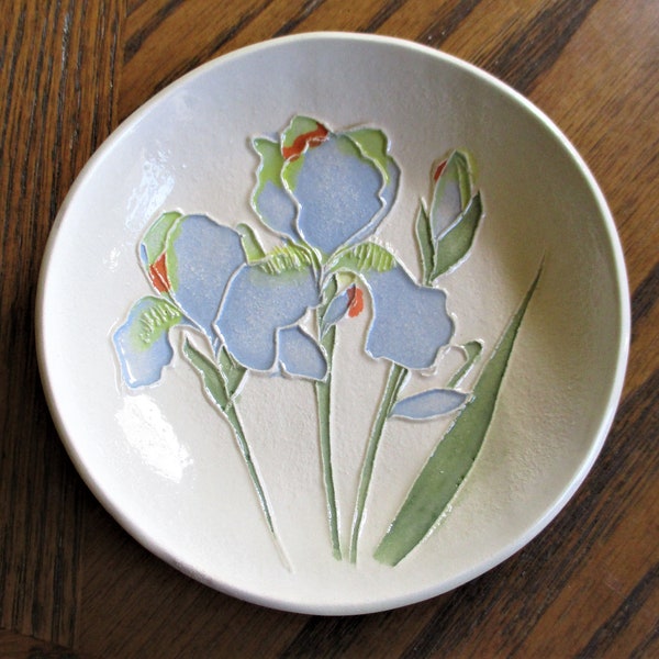 POWDER BLUE IRISES Garden Ceramic Ring Candy Trinket Soap Jewelry Dish   5"  handmade, handcarved original design               #b2