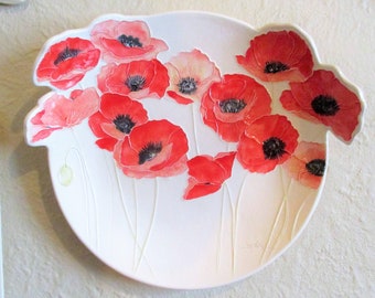 Mom’s Bright Red Poppies with One of a Kind 'Live Edge'! Ceramic-Watercolor Large Wall Hanging sculpture from a handcarving of Mom’s garden.