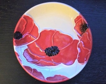 Red Poppies Ring Dish! Handmade Ceramic Ring, Treat, Soap or Trinket Dish. Unique, lightweight, thoughtful gift! Arrives gift bagged!    P18