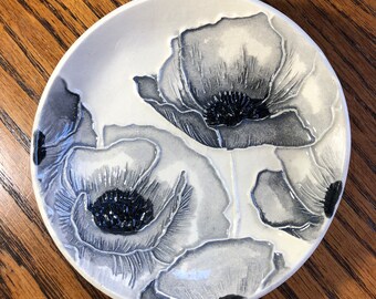 Wall Hanging Handmade Art! Lovely Gray & Black Poppies. Ceramic but surprisingly lightweight, thoughtful 5” gift. Arrives gift bagged!  H-w4