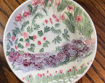 Handmade Dish for rings, soap, snacks, Anything!, Handcarved ceramic wildflower garden original design. Arrives nicely gift bagged!  #3