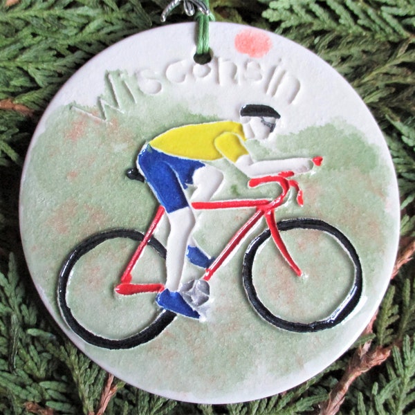 WISCONSIN BIKE RIDER handmade & hand glazed ceramic ornament. Includes free gift wrap!                  #2