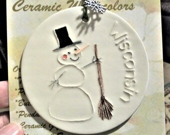 WISCONSIN SNOWMAN ORNAMENT ceramic-watercolor handmade free gift wrapped present