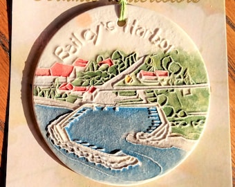 Bailey's Harbor Ornament! Door County Wisconsin, Handmade ceramic ornament celebrates travel, visits, sights, friends. Arrives gift bagged!