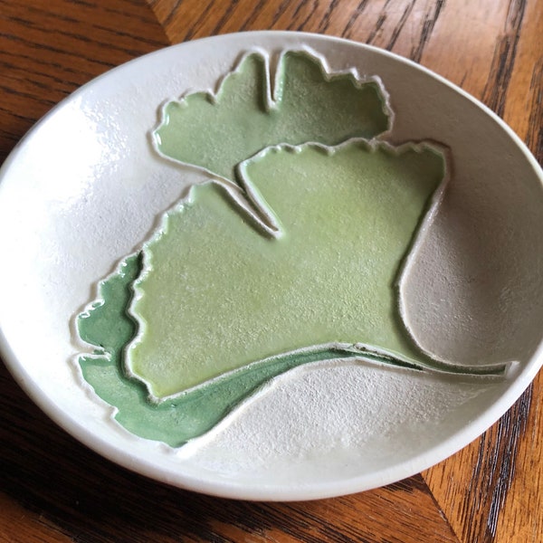 Ginkgo Leaf  5” Handmade Lightweight Ceramic Dish for Rings, Treats, Soap & more. Unique, textured, lovely. Includes sweet gift bag!