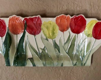 Live-Edge TULIPS Wall Hanging! Uniquely Textured, Handmade Lightweight Ceramic One of a kind Art! Includes Free Shipping!