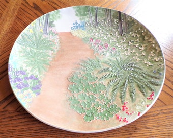 LARGE ONE of a KIND Wall Art! Handmade, Textured Ceramic wall or tabletop accent. Hand carved nature design features ferns & wildflowers!