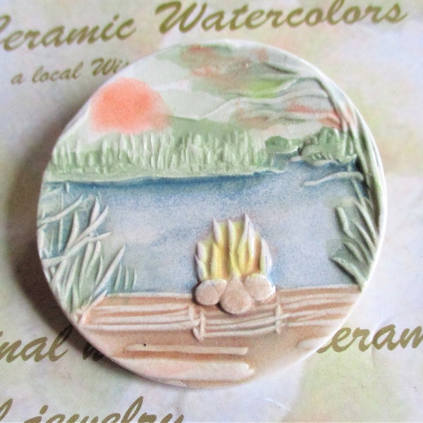 CAMPFIRE at RIVER'S EDGE Pin  Handmade ceramic with tie tack back. Arrives in gift bag.