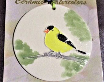Last One! Goldfinch Ornament! Bird Lover's handmade ceramic ornament is surprisingly lightweight! Arrives nicely gift bagged!