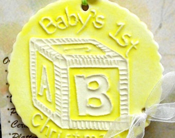 BABY'S 1st CHRISTMAS ORNAMENT handmade ceramic raised texture multi color pastel infant newborn child Christmas keepsake + baby block charm