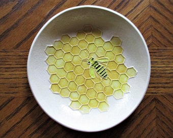 Last One! HONEY BEE DISH! Ceramic ring, trinket, treat, soap Dish! Handmade, Kiln-Fired, yellow gold honeycomb texture. Arrives gift bagged!