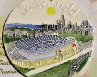 SOLDIER FIELD and the Chicago Skyline Handmade ceramic ornament celebrates football, Chicago & Where the Bears play! Arrives gift bagged!