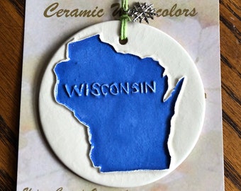 Wisconsin State Ornament! 100% handmade, surprisingly lightweight, ceramic small gift celebrates this true blue state! Arrives gift bagged!