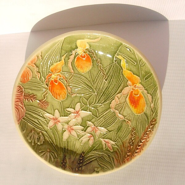 Yellow Orange Lady's Slippers & star flowers trinket ring soap dish Handmade Ceramic original carved art gift by Faith Ann Originals d5-L2