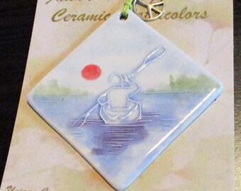 Ornament - KAYAK PADDLER handmade ceramic watercolor camp nature lake river sport ornament less than 25.00 by Faith Ann Originals
