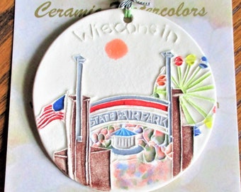 Wisconsin State Fair Ornament. Handmade ceramic, surprisingly lightweight & thoughtful gift! Great memory maker! Arrives neatly gift bagged!