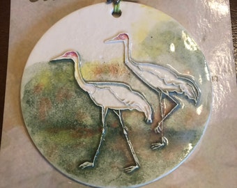 Last SAND HILL CRANES Ornament! Artisan made ceramic bird lover gift. 100% handmade, surprisingly lightweight! Arrives nicely gift bagged!