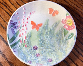 5” Wildflower Garden Handmade Ceramic Ring, Treat or Soap Dish. Unique, textured, lightweight & lovely. Includes handy gift bag!   #g15