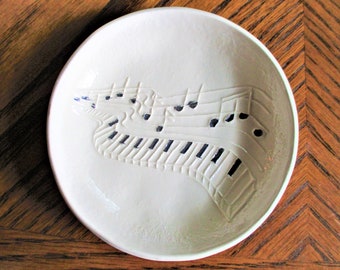 MUSIC Ring, Trinket, Soap, Anything Dish, handmade, ceramic, handcarved design glazed in musical black & white. Arrives nicely gift bagged!