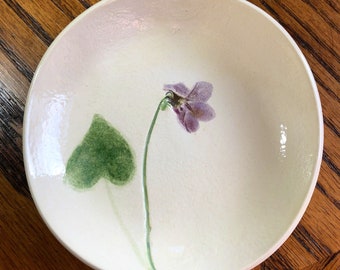 Real Wild Violet 5” Handmade Ceramic Ring, Treat or Soap Dish. Unique, textured, lightweight & lovely. Includes handy gift bag!   #3