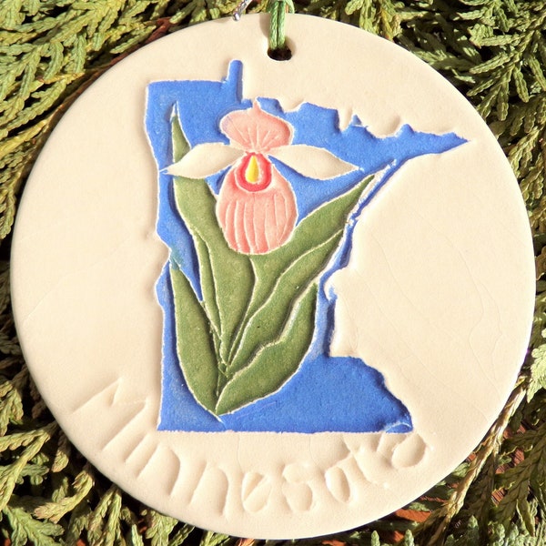 MINNESOTA Showy Pink Lady's Slipper State Wildflower ornament. Handmade ceramic lightweight & unique. Arrives tastefully gift bagged!