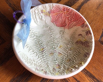 Ferns and Flowers CHARMING RING DISH!  Wildflower garden themed Handmade, uniquely textured ceramic ring dish gift. One of a kind!