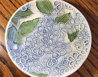Hydrangeas! Hand carved, Hand glazed, Lightweight Ceramic Ring, Treat or Soap Dish. Unique, lightweight & lovely. Arrives gift bagged!   H1