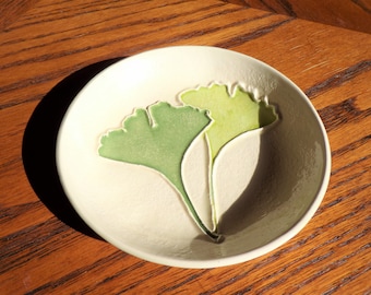 5" GINKGO LEAVES Dish, unique ring dish, soap dish, snack dish and more!  Useful Handmade Ceramic original includes free gift giving bag!