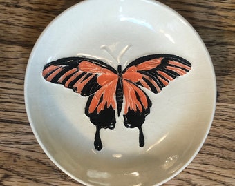 Handmade Ceramic Dish for rings, soap, snacks or Anything! Handcarved original Butterfly design. Arrives nicely gift bagged!