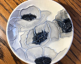 Gray & Black Poppies Dish! Handmade ring, soap or treat dish. Surprisingly lightweight, thoughtful, handy, lovely! Arrives gift bagged!   W3