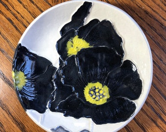 Wall Hanging Black Poppies. Handmade Ceramic, surprisingly lightweight, home dec! Thoughtful little gift. Arrives nicely gift bagged!    H-W