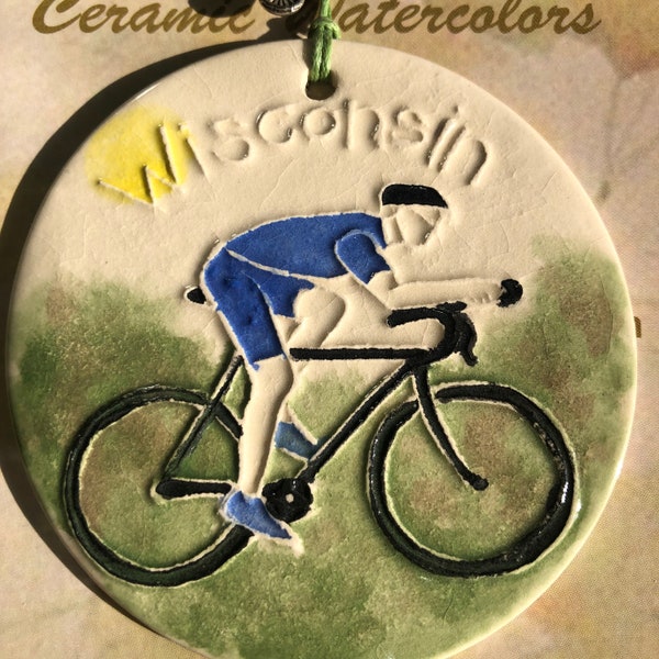 BIKE Wisconsin   Lightweight Handmade Ceramic Ornament, a thoughtful gift, arrives wrapped in a handy gift giving bag!