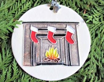 Stockings by  Chimney ornament - handmade ceramic watercolor ornament with tiny charm. Arrives nicely gift bagged!