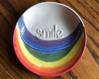 SMILE! Ring Dish. Handmade Ceramic Rainbow glazed Dish for Jewelry, Soap, Treats & more. Unique, textured, lovely. Arrives gift bagged!