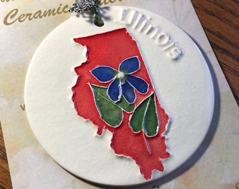 ILLINOIS STATE ORNAMENT with state blue violet wildflower! Handmade, surprisingly lightweight, original ceramic design! Arrives gift bagged!