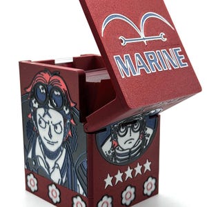 OPTCG Deckbox Koby Red Black Leader x Marine SWORD Captain Haki | Fits Triple-Sleeved Cards | Dice & Leader Card Compartment, Mini Snap