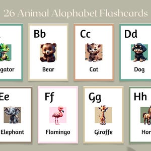 May include: 26 flashcards featuring the alphabet with an animal illustration for each letter. The letters are in uppercase and the animals are in colour. The letters are A, B, C, D, E, F, G, and H. The animals are an alligator, bear, cat, dog, elephant, flamingo, giraffe, and horse.