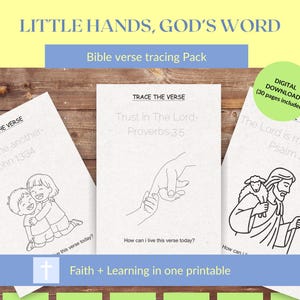 May include: A digital Bible verse tracing pack with the text "LITTLE HANDS, GOD'S WORD". The pack includes three pages with Bible verses and illustrations: "Love one another", "Trust in The Lord", and "The Lord is my shepherd". The pack is a digital download with 30 pages.