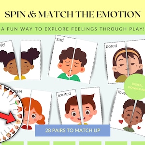May include: A printable set of 28 emotion matching cards. The cards feature illustrations of children's faces expressing different emotions, such as happy, sad, bored, excited, and love. The cards are designed to help children learn about and identify different emotions.