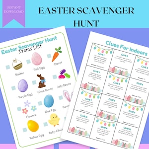 Printable Easter scavenger hunt clues for kids, scavenger hunt printables, Easter scavenger hunt, Easter egg hunt scavenger clues.