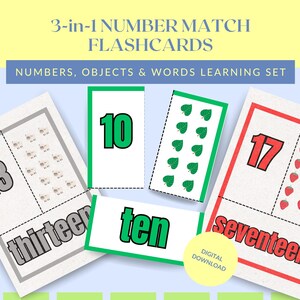 Number Flashcards for Kids | Numbers 1-20 | Montessori Counting | Number Words | Object Matching | Educational Printable.