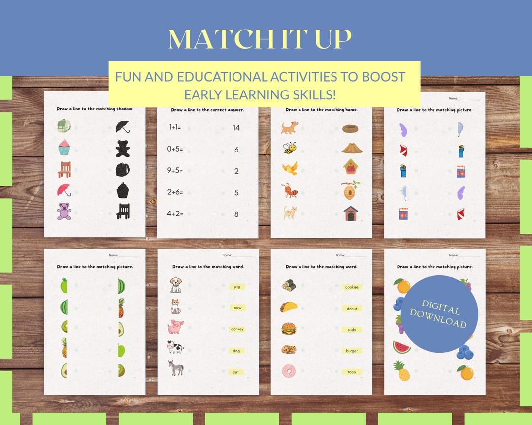 Preschool Matching Worksheets for Kids, Educational Activity Sheets