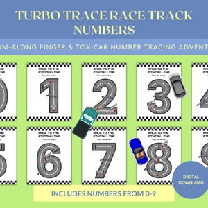 Puede incluir: Un conjunto de diez tarjetas de trazado de números, cada una con un diseño de pista de carreras con los números del 0 al 9. Cada tarjeta tiene un gráfico de coche de juguete y el texto "RACE TO THE FINISH LINE". Diseñado para una aventura de trazado de números con dedos y coches de juguete.