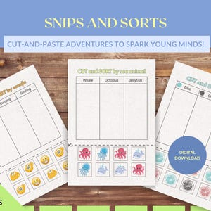 Kindergarten Worksheets, Printable Cutting and Sorting Worksheets for Kids, Fun Hands-On Activity, Preschool Fine Motor Practice.