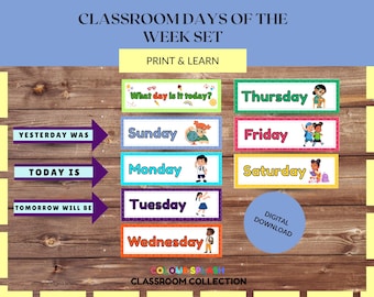 Pósteres de los días de la semana para el aula, letreros coloridos de los días de la semana para maestros, preescolar, jardín de infantes y decoración de aulas de educación en el hogar.