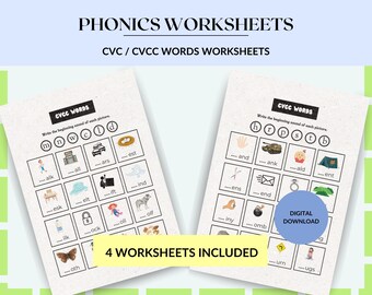 CVC CVCC Words Kindergarten Worksheets, Phonics (Digital Download)