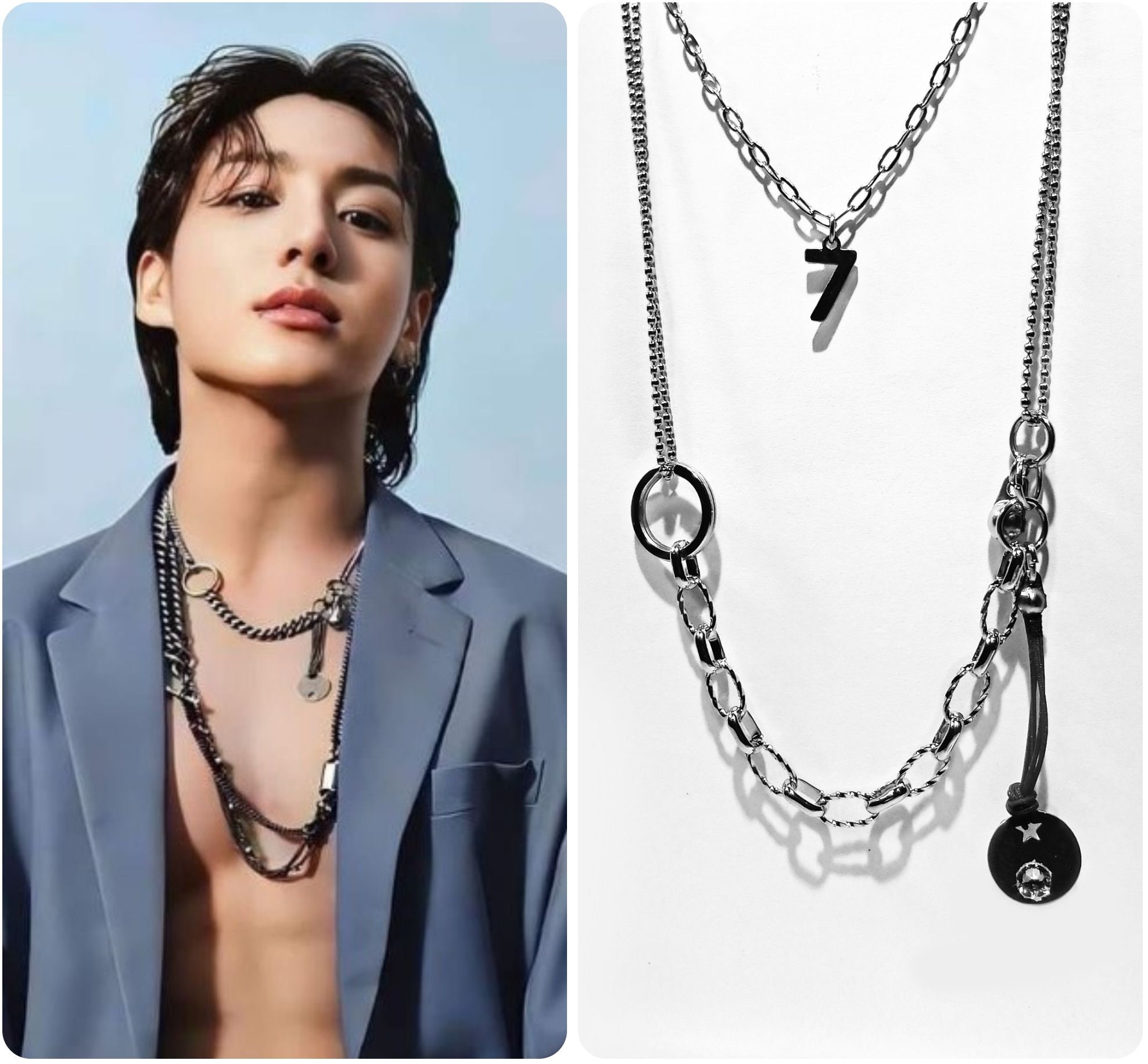 HARANG★BTS ジョングク着用★Silver Chain Necklace Silver 925 BTS Jungkook Inspired Seven Necklace, Punk Style Necklace