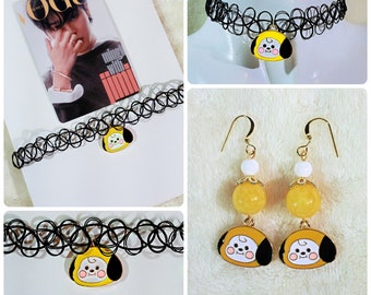 BTS Jimin - BT21 Chimmy Cartoon Characters Charm Choker Necklace, BT21 Chimmy- Jimin Earrings, Yellow Jade Earrings, Dangle Earrings,