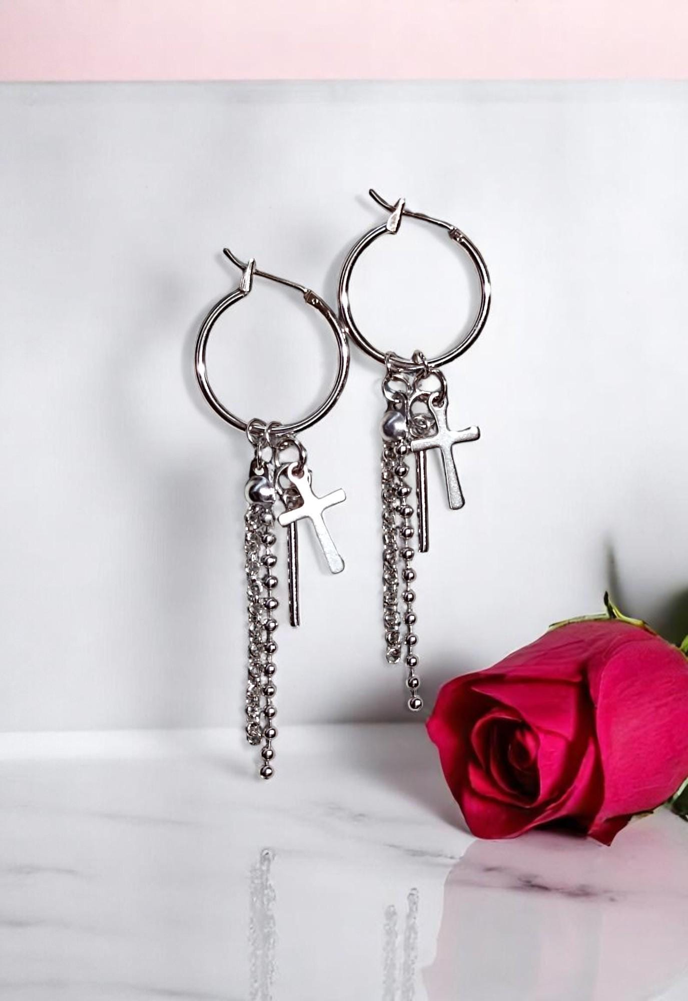 Kpop Fake Dangle Cross Earrings RGJY7Y6R Hip Hop Punk Gift Female