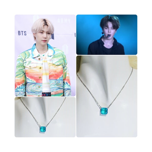 BTS Jimin and Suga Inspired Neon Blue Square Pendant Necklace, Cubic Zirconia Pendant Necklace